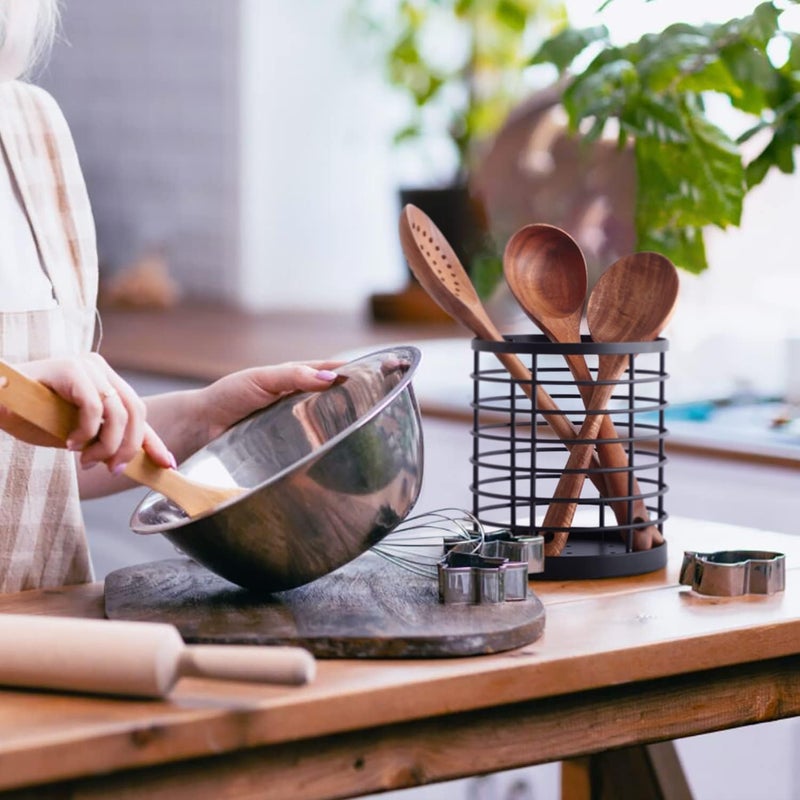 WDT Tool Utensil holder for Kitchen Counter - 5.2" x 5.2" x 6" Large Round Utensils Holder with Wooden Base Matte Black Cooking Utensil Holder，Kitchen countertop Utensil Organizer (Metal) - Image 3